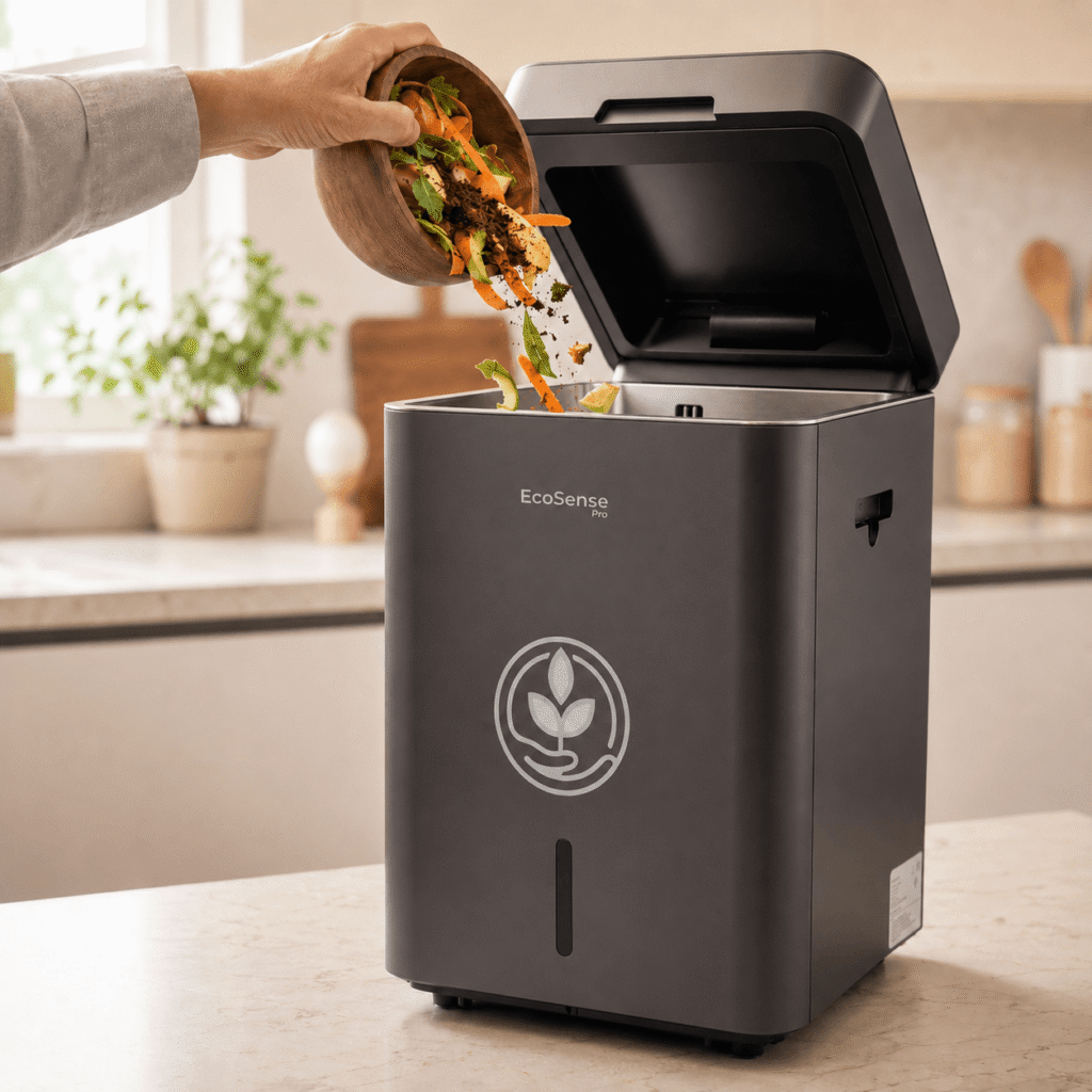 Kitchen scraps being tipped into the EcoSense Pro in Silver