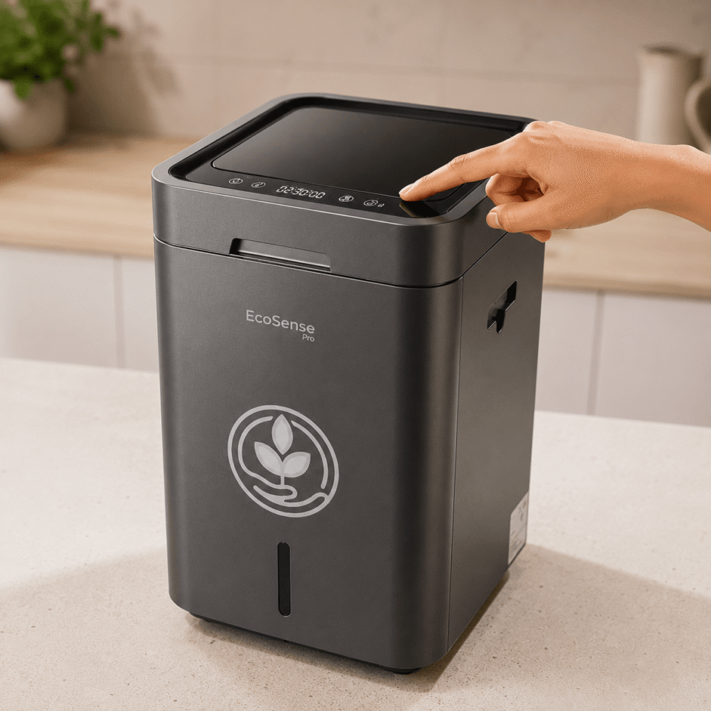 A finger pressing start on the EcoSense Pro in Silver