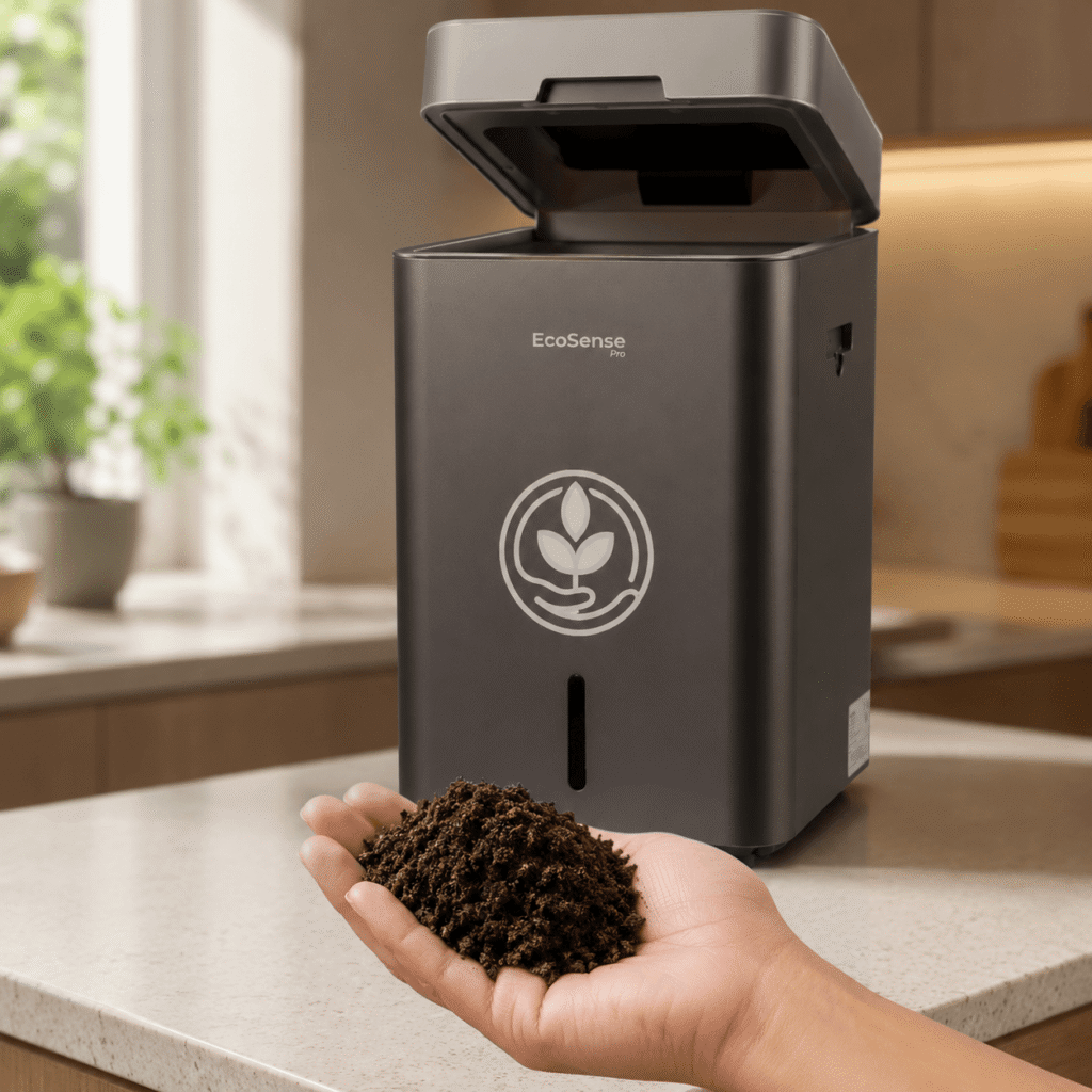 A handful of finished compost beside the EcoSense Pro in Silver
