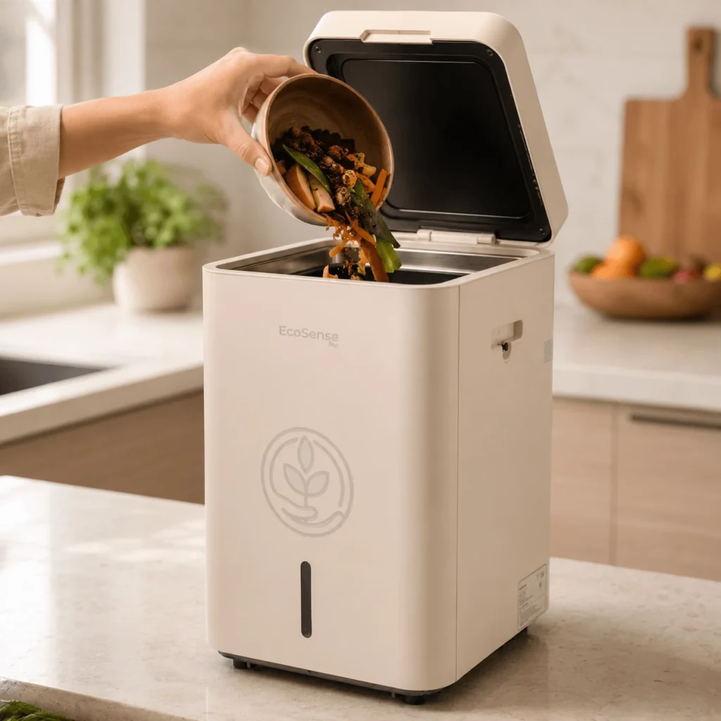 Kitchen scraps being tipped into the EcoSense Pro in White