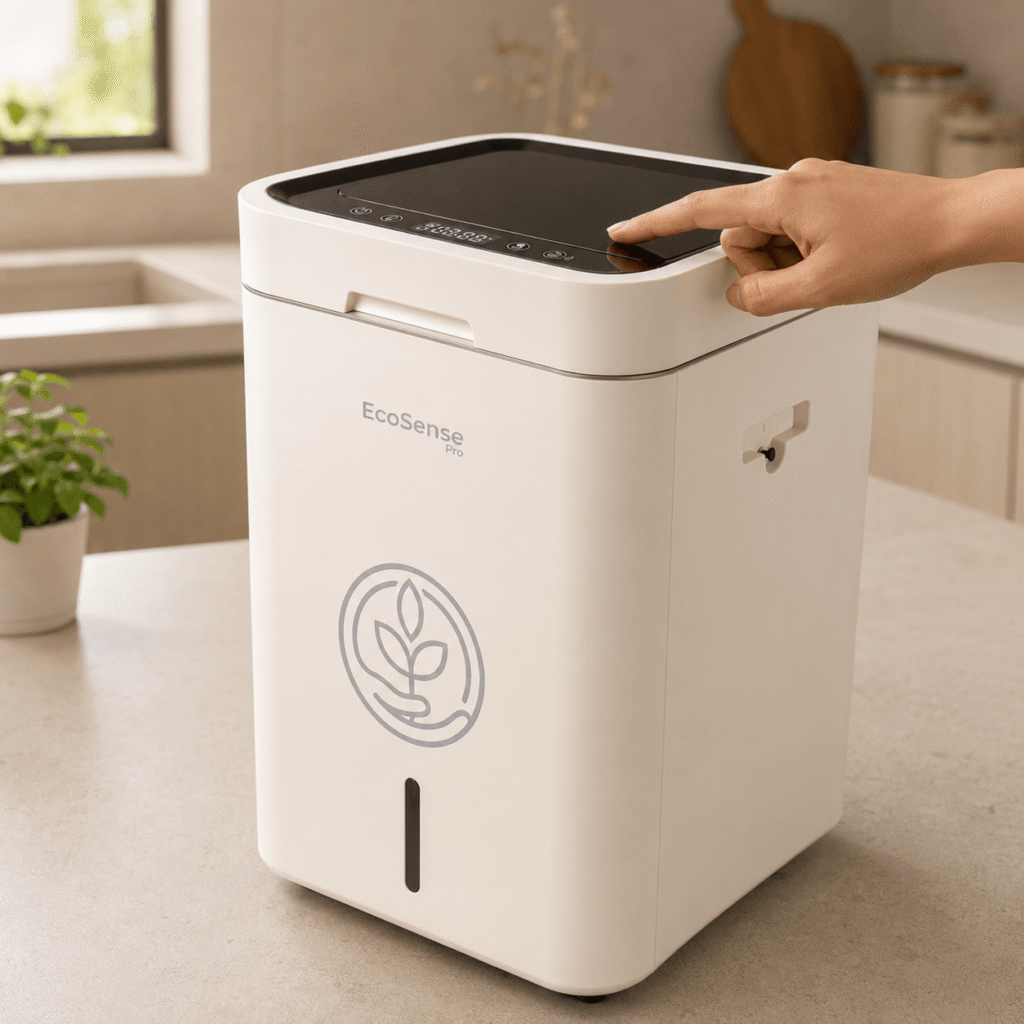 A finger pressing start on the EcoSense Pro in White