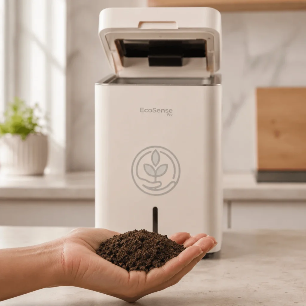 A handful of finished compost beside the EcoSense Pro in White
